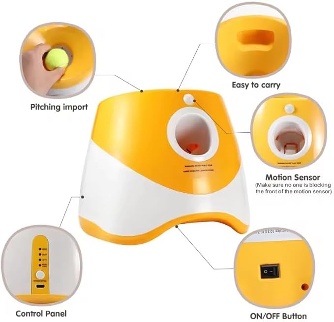 Dog Ball Thrower – Automatic Interactive Pet Tennis Ball Launcher with 6 Balls, USB Charging & Multiple Distance Settings Indoor & Outdoor Training & Play Toy for Small & Medium Dogs (Yellow)