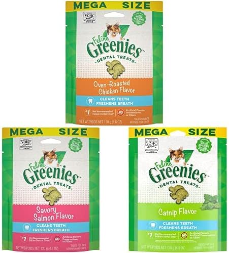 Greenies Feline Adult Natural Dental Care Cat Treats Bundle- Oven Roasted Chicken, Savory Salmon and Catnip Flavors, 4.6 oz. Pouches