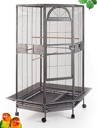 64" Extra Large Corner Bird Flight Breeding Wrought Iron Rolling Parrot Cage Side Solid Metal Plate Feed Doors Pull Out Removable Grate and Tray with Around Metal Seed Guard