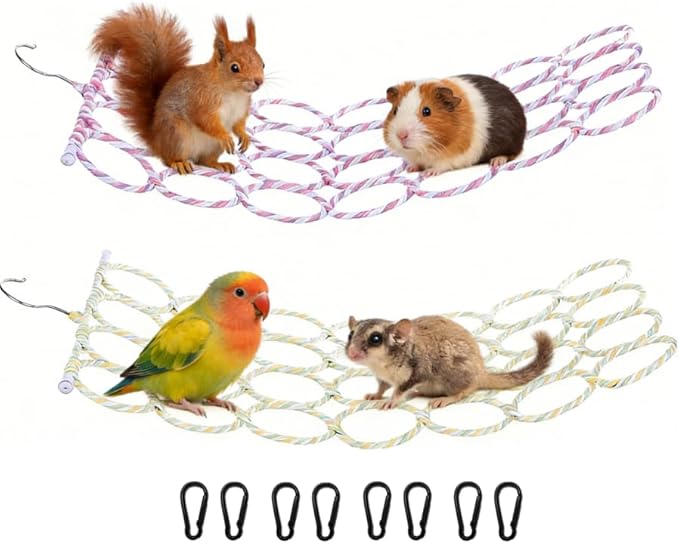 2 Pack Small Pet Rope Toys,Bird Rope Perch Climbing Net Ladder Hanging Hammock for Parrot (Parakeet/Cockatiel/Cockatoo/Macaw/Conure), Rat, Hamster, Mouse, Ferret (2Pcs)