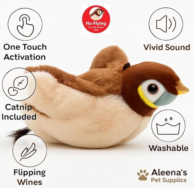 Flappy Bird Cat Toy – Interactive Flapping & Chirping Bird Toy for Cats (No Flying), Indoor Cat Toy for Exercise & Play, Durable Chew Toy for Bored Cats, Catnip Toy for Kitten or Small Dogs