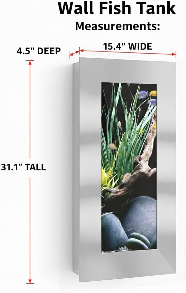 Aussie Aquariums 3.0 Wall Mounted Fish Tank Kit with LED Lighting, Built-in Filter System, Modern Space-Saving Design, Complete Accessories Set (Verticali, Silver)