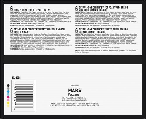 Cesar Home Delights Adult Wet Dog Food, Pot Roast with Spring Vegetables, Beef Stew, Turkey, Green Beans, & Potatoes, and Hearty Chicken & Noodle Dinner in Sauce Variety Pack, 3.5 oz. 24 Count