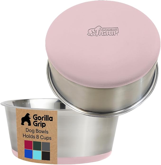 GORILLA GRIP Set of 2 Dog Bowls, Holds 8 Cups (64 fl oz), Heavy Duty Metal Food and Water Bowl for Feeding Dogs and Cats, Dishwasher Safe, Rust Resistant Stainless Steel, BPA Free Rubber Base, Lt Pink