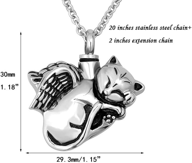 NanMuc Cute Angel Cat Pet Urn Necklace for Ashes Cremation Jewelry Memorial Animal Stainless Steel Pendant Ashes Holder Keepsakes Jewelry
