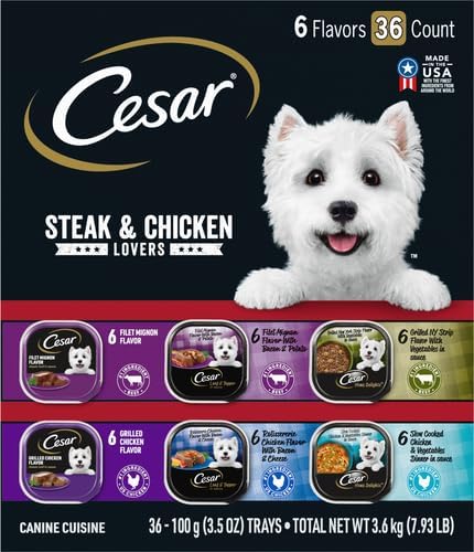 Cesar Wet Dog Food Steak and Chicken Lovers Variety Pack with Real Beef or Real Chicken, 3.5 oz. Easy Peel Trays, 36 Count (Pack of 1)