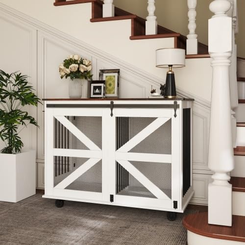 Mobile Dog Crate with Flip-Top Feeding Door, Dual-Access & 5 Caster System (2 Locking), Side Hooks - Multi-Functional Pet Kennel, 47.2" Double Dog Crate Furniture
