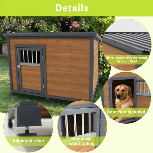 44.2" Large Dog House Outdoor Weatherproof Wooden Dog Kennel, Dog Houses for Large Dogs Outside with XL XLarge Dog House Doghouse, Grey+Yellow