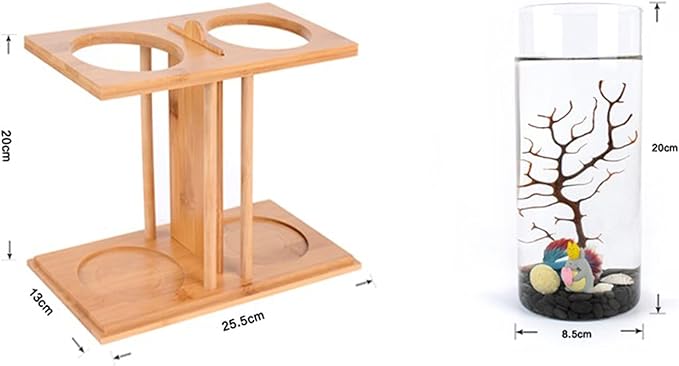 Dual Chamber Bamboo Desktop Aquarium - Mini Betta Fish Tank with LED Light, 360° View Glass Tanks for Goldfish or Small Fish, Home Office Decor
