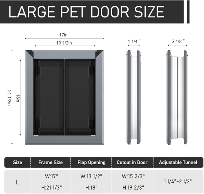 【PATAPLUS】 Aluminum French Large Dog Door,Strong Double Magnetic Flaps,with Aluminum Telescoping Tunnel Heavy-Duty Do g Door for L arge and Medium Dog Up to 110LBS (Large,Smoky Gray)