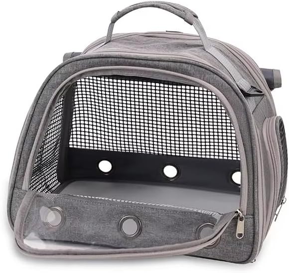 Portable Foldable Transparent Pet Travel Backpack – Oxford Fabric Design with Ventilated Windows, Lightweight and Comfortable Carrier for Birds, Small Reptiles, and Exotic Pets (Grey)