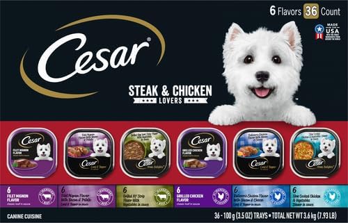 Cesar Wet Dog Food Steak and Chicken Lovers Variety Pack with Real Beef or Real Chicken, 3.5 oz. Easy Peel Trays, 36 Count (Pack of 1)