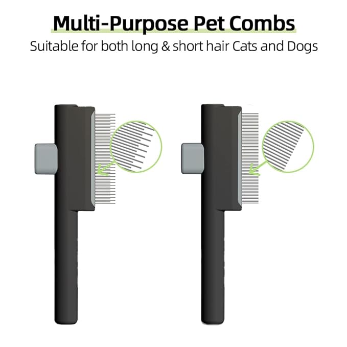 Marchul 2Pcs Pet Comb Flea Comb Set for Cats Dogs, Cat Grooming Brush with Release Button and Stainless Steel Round Teeth, Self-Cleaning Dog Combs for Removing Pet Hair, Knots & Loose Fur, Black