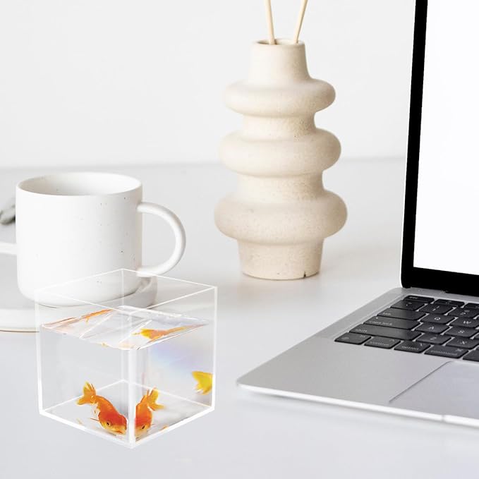 Housoutil Square Acrylic Fish Tank Mini Betta Aquarium for Turtles and Aquatic Plants Versatile Desktop Decor for Home Office and Parties