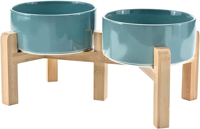 SPUNKYJUNKY Elevated Dog Bowls Ceramic, 6.1'' Dogs and Cat Food Water Bowls Raised with Non-Slip Bamboo Stand for Medium Sized Breed Microwave Dishwasher Safe - 28.7 OZ,Dark Green