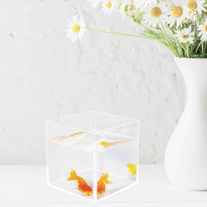 Housoutil Square Acrylic Fish Tank Mini Betta Aquarium for Turtles and Aquatic Plants Versatile Desktop Decor for Home Office and Parties