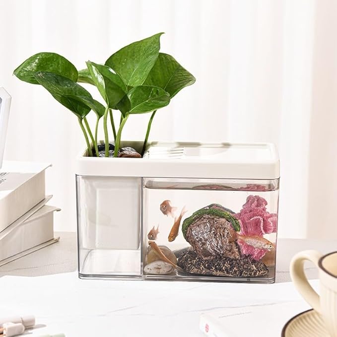 Mini Betta Fish Aquarium - 0.2 Gallon Plastic Tank, Desktop Office Small Fish Tank - Pen Holder Storage, Create Different Desktop Landscape (White)