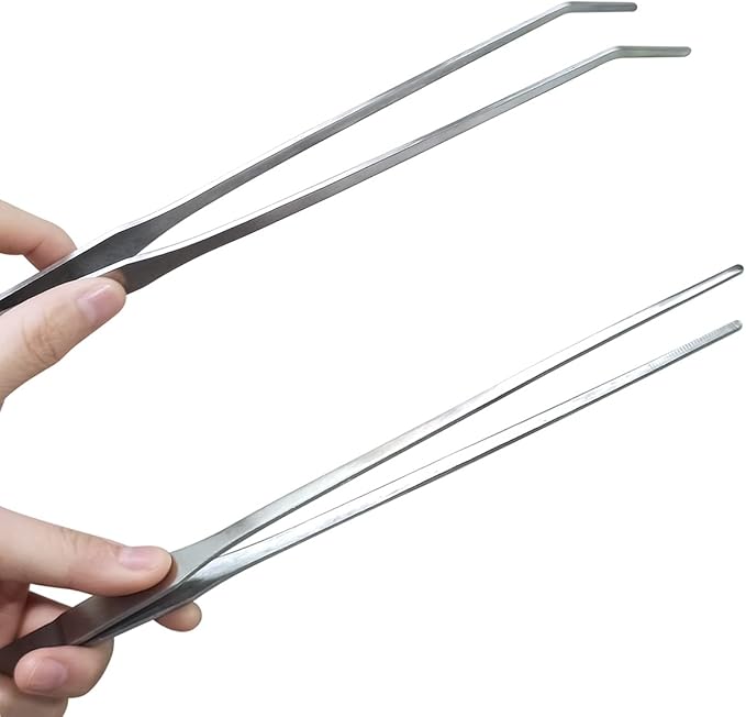 2 Pcs Feeding Tongs, Aquarium Tweezers Stainless Steel Straight and Curved Tweezers Set 27cm/10.6 inches Aquascaping Tools for Hold Worms, Reptiles, Lizards, Bearded Dragon (Silver)