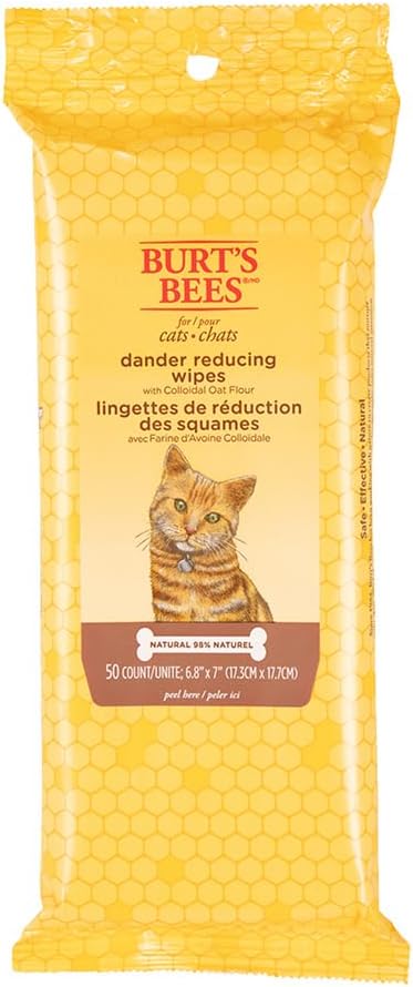 Burt's Bees for Pets Cat Dander Remover Wipes, Unscented Soft Grooming Cloths with Colloidal Oat Flour + Aloe, Helps Reduce Flaking Between Baths for Cats & Kittens, 50 Count