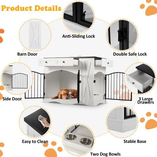 Farmhouse Style Dog Crate Furniture with 3 Drawers - Heavy Duty Indoor Wooden Dog Kennel, End Table for Medium Large Dogs, Removable Feeder, 43.3 Inch Large Dog Cage with Double Door Design