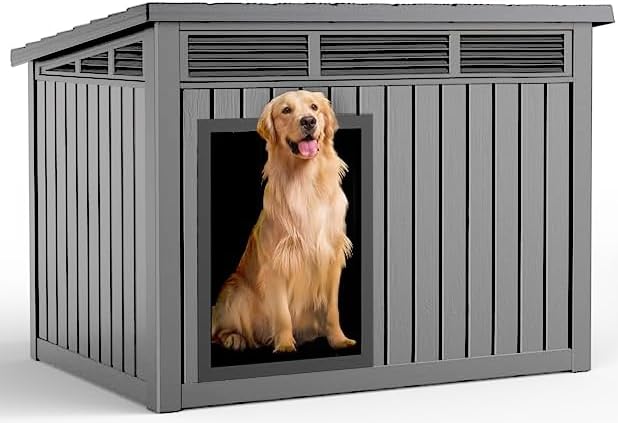 DRATO Large Dog House Outdoor for Indoor with Weatherproof & Removable Roof,Fits Small to Large (Gray, 42.87 * 32.95 * 31.61'')