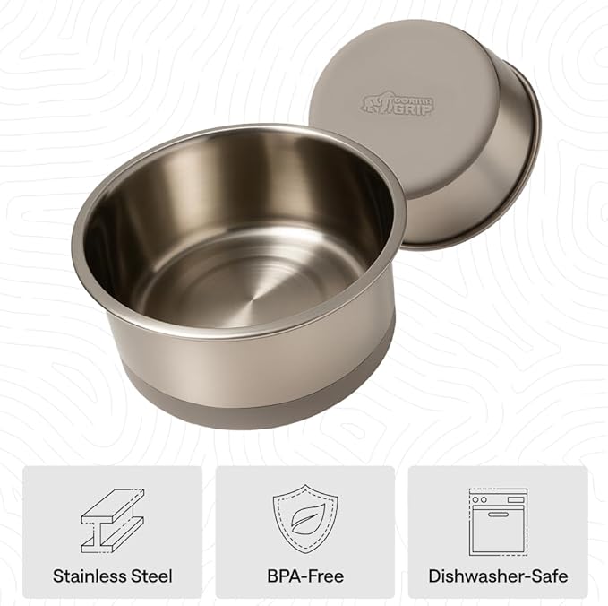 GORILLA GRIP Dog Bowls, Holds 4 Cups Each (32 fl oz), Heavy Duty Stainless Steel Food and Water Bowl for Feeding Dogs and Cats, Dishwasher Safe, Rust Resistant, BPA Free Rubber Base, Set of 2 Beige