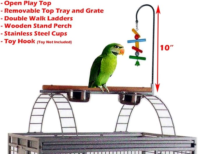 Extra Large Double Ladders Open Play Top Wrought Iron Bird Parrot Parakeet Finch Macaw Cockatoo Cage, Include Seed Guard and Toy Hook On Wheels