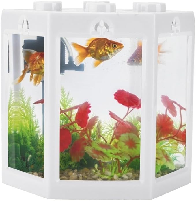 4.7 Inch Hexagonal Mini Aquarium Tank Leak-Proof Plastic Stackable Portable Fish Tank for Desk Decor Terrarium Habitat(White)