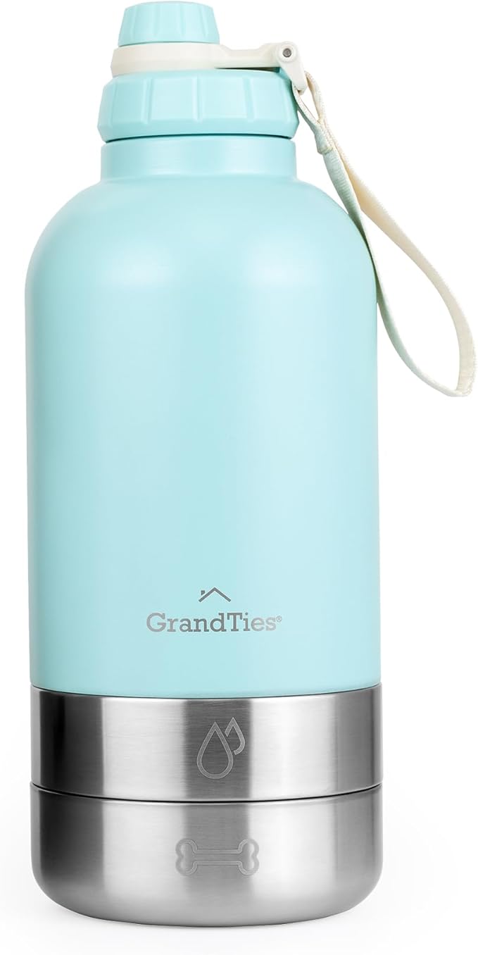 GrandTies Insulated Portable Dog Water Bottle with 2 Detachable Water Bowl Dispenser | Leak-Proof Dog Food Travel Container | Accessories for Dogs Walking, Hiking, Camping (64oz, Powder Green)