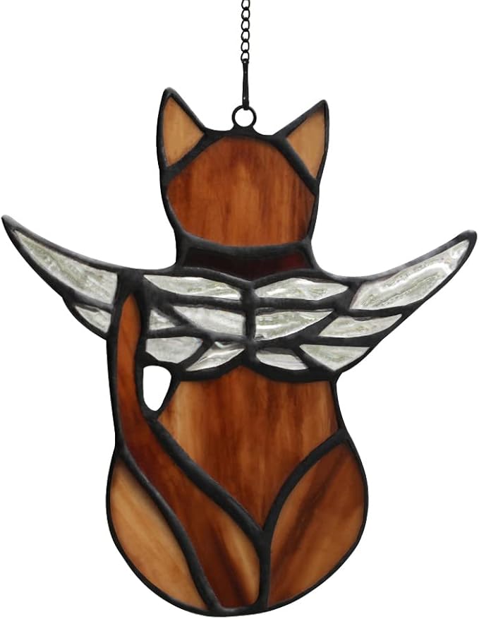 BOXCASA Angel Cat Memorial Gift Stained Glass,Stained Glass Window Hanging,Sympathy Gifts for Cat Lovers,Loss of Pet Sympathy Gift,Pet Memorial Gifts for Women