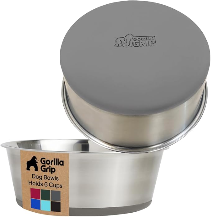 GORILLA GRIP Dog Bowls, Heavy Duty 304 Stainless Steel, Holds 6 Cups Each (48 fl oz) Food and Water Bowl for Feeding Dogs and Cats, Dishwasher Safe, Rust Resistant, BPA Free Rubber Base Set of 2 Gray