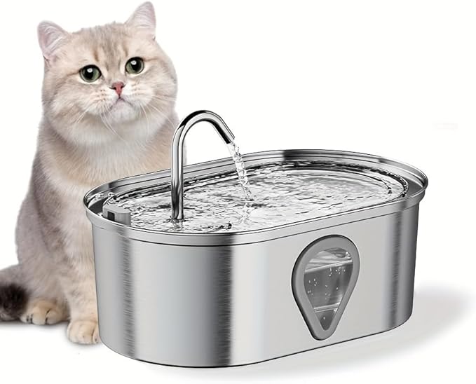 NPET WF170 Cat Water Fountain Stainless Steel: 3.5L/118oz Pet Fountain Water Bowl Dog Drinking Dispenser Dish Animal Feeding & Watering Supplies with 8 Replacement Filters (Water Fountain+8 Filters)
