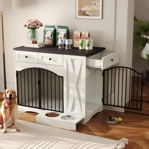 Farmhouse Style Dog Crate Furniture with 3 Drawers - Heavy Duty Indoor Wooden Dog Kennel, End Table for Medium Large Dogs, Removable Feeder, 43.3 Inch Large Dog Cage with Double Door Design