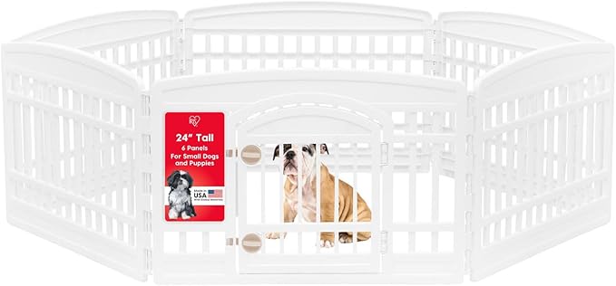 IRIS USA Dog Playpen Puppy Playpen Indoor – 24" 6-Panel Dog Playpen with Door, 61 x 61 x 24, Dog Play Pen Indoors for Puppies & Small Dogs, Plastic Pet Playpen, Indoor Dog Pen, White