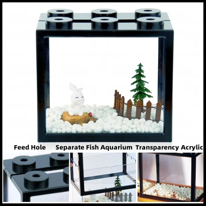 Small Betta Fish Tank, Stackable Mini Aquarium Tank Kit with Aquarium Gravel & Forest Micro Landscape, 0.6 Gallon Acrylic Cube Fish Bowl for Sea Monkeys Shrimp Snails (Black)