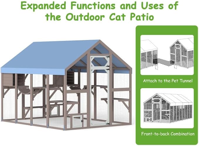 PetsCosset 71" H Catio Outdoor Cat Enclosure Large Wooden Walk in Cats House Outside Weatherproof Roof,Attached to House's Window,Cat's Door and Tunnel (94.4: Large Catio-P12N)