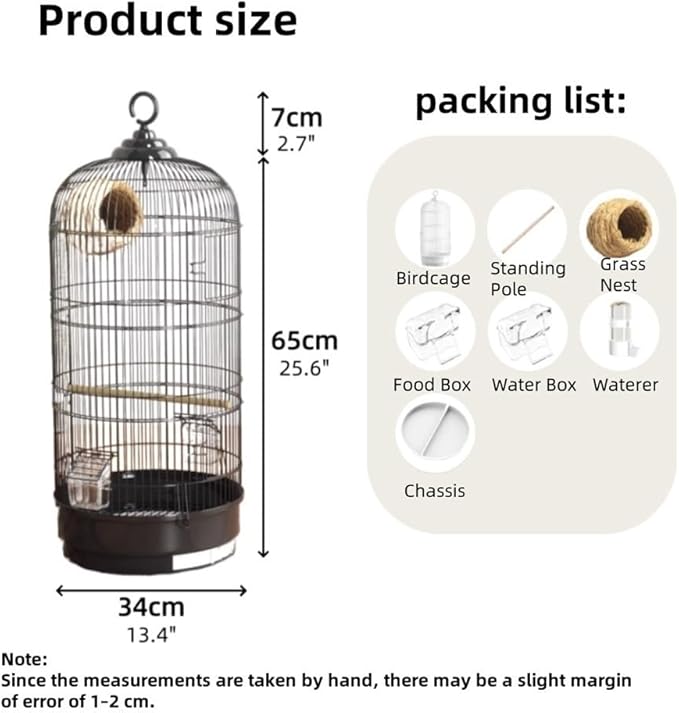 Bird Cage with Wire Mesh, Round Iron Bird Cage, Indoor Parrot Cage, for Small Parrots Parakeets Cockatiels(Black)