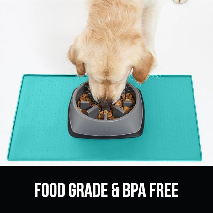 GORILLA GRIP 100% Waterproof Raised Edge BPA Free Silicone Pet Feeding Mat, Dog Cat Food Mats Contain Spills Protects Floors, Placemats for Cats and Dogs Water Bowl, Pets Accessories 16x10, Turquoise