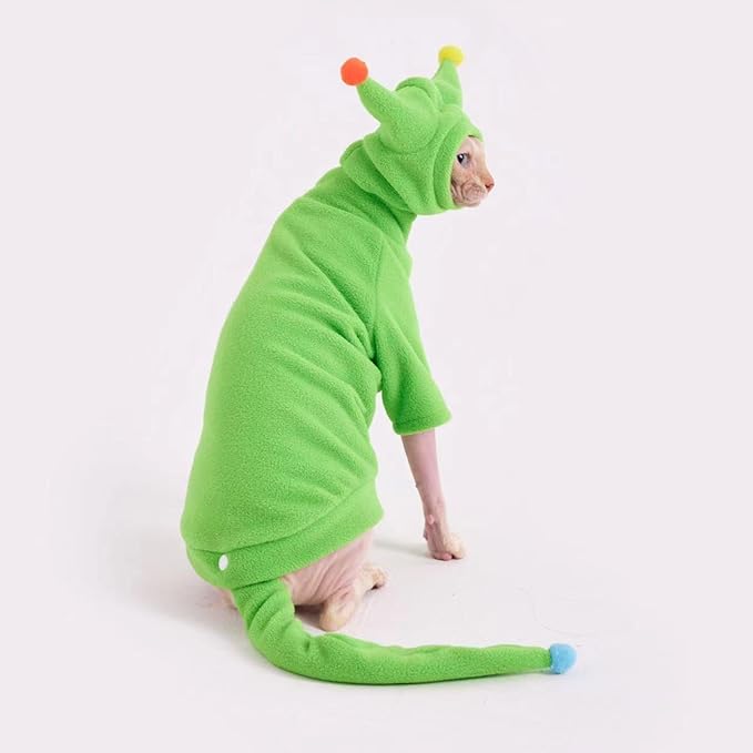 Sphynx Cat Clothes, Warm Cat Jumpsuit with Hat and Tail Cover, Full Set for Hairless Cats, Cornish Rex and Devon Rex (Green, M(4.5-5.5lbs))