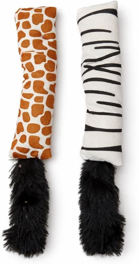 Cat Tail Plushy with Animal Print Patterns, Giraffe and Zebra Design, Soft Plush with Furry Tails, 2 Pack