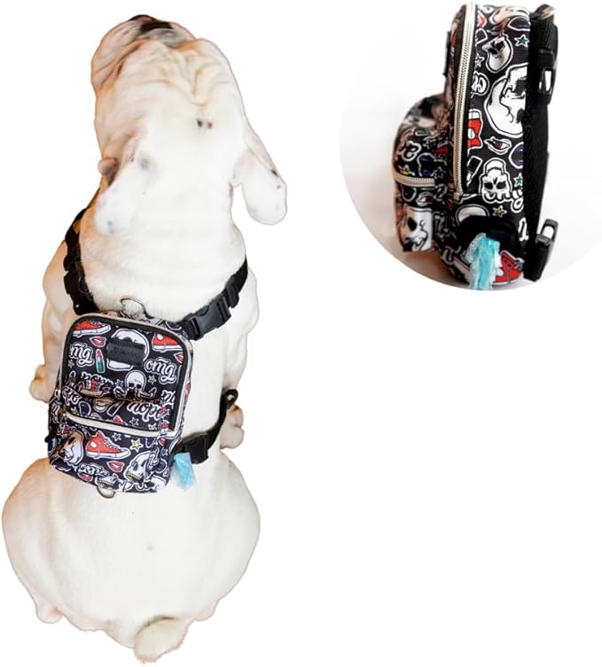 Pawlook Dog Backpack Harness – Street Smart | Waterproof, Adjustable, Breathable – Leash Attachment D-Rings, Poop Bag Pocket – Small & Medium Dogs – 8 Styles Skull Medium
