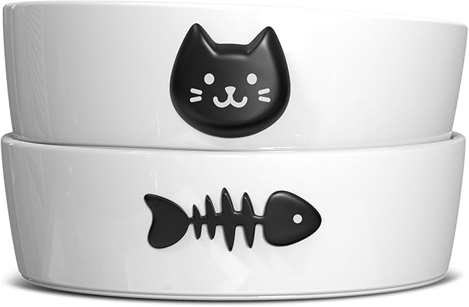 Ceramic Cat Bowls for Indoor Cats - Cat Food Bowl & Water Bowl Set of 2 with Anti-Slip Rings - Whisker Friendly Kitten Supplies Feeding & Watering - Pet Bowls for Kitten and Small Size Dog