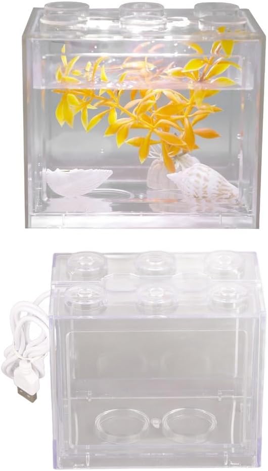 Mini USB LED Aquarium Fish Bowl Plastic Tank with White Light for Desk Tabletop Decor Energy-Saving Office Accent(Transparent)