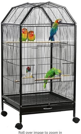 40-Inch Wrought Iron Bird Cage with Open-Top and Rolling Stand, Movable Parrot Cage Pet Bird Flight Cage, 360 Degree View Spacious Interactive Roof Pet Bird House for Medium&Small Birds