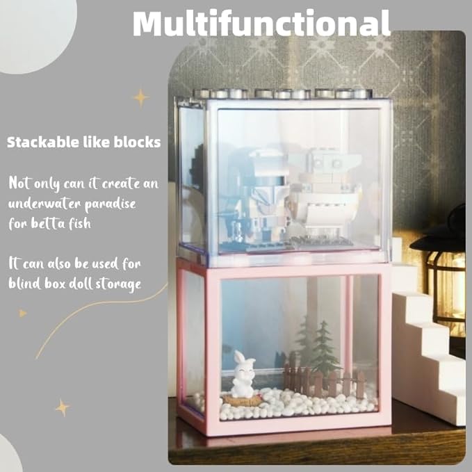 Small Betta Fish Tank, Stackable Mini Aquarium Tank Kit with Aquarium Gravel & Forest Micro Landscape, 0.6 Gallon Acrylic Cube Fish Bowl for Sea Monkeys Shrimp Snails (Clear)