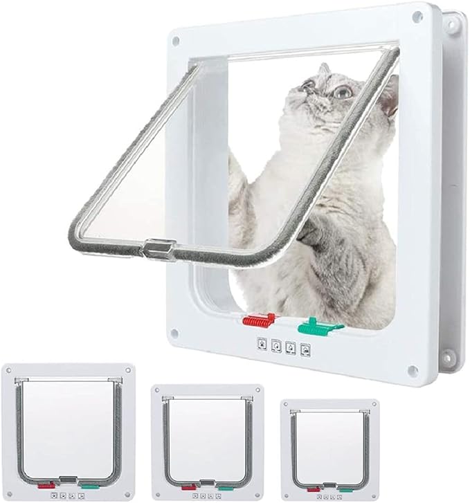 goTeamghjkl Cat Door Flap (Outer Size 7.5" x 7.8"), 4 Way Locking Medium Cat Door for Interior Exterior Doors, Weatherproof Pet Door for Cats Doggie Kitty and Kittens with Circumference < 15.75"
