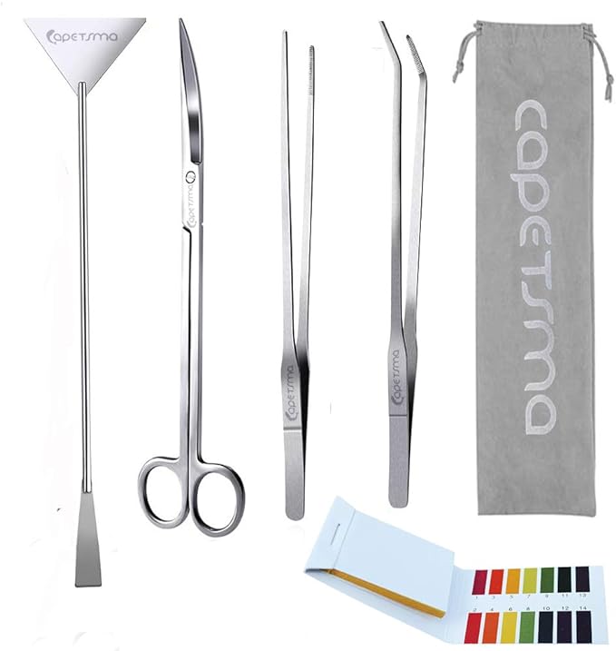 Capetsma Aquascape Long Stainless Steel Plant Tools Set - Aquarium Tweezers, Scissors, Spatula, Algae Scrapers - Fish Tank Cleaning Kit