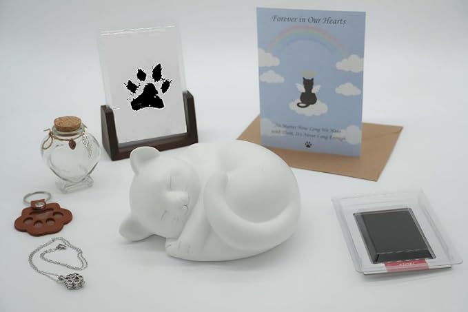 Pet Cat Urns for Ashes, Sleeping Resin Cremation Animal Urn and Sealed Bag, Decorative Memorial, Fur Keepsake, Ashes Necklace, Keychain, Inkless Paw Print Kit, Picture Frames, Sympathy Cards
