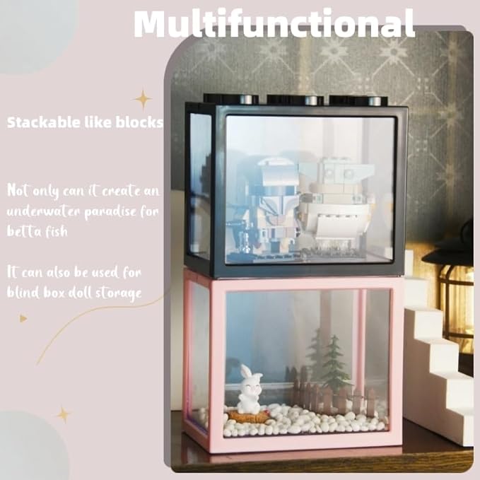 Small Betta Fish Tank, Stackable Mini Aquarium Tank Kit with Aquarium Gravel & Forest Micro Landscape, 0.6 Gallon Acrylic Cube Fish Bowl for Sea Monkeys Shrimp Snails (Pink)