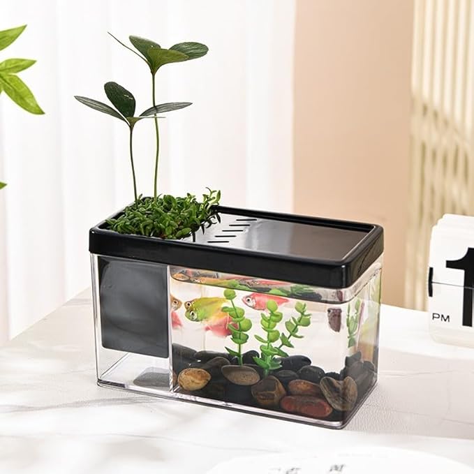 Mini Betta Fish Aquarium, Multi-Purpose Desktop Office Tank, 0.2 Gallon Plastic Gold Fish Tank - Create Different Desktop Landscape (Black)